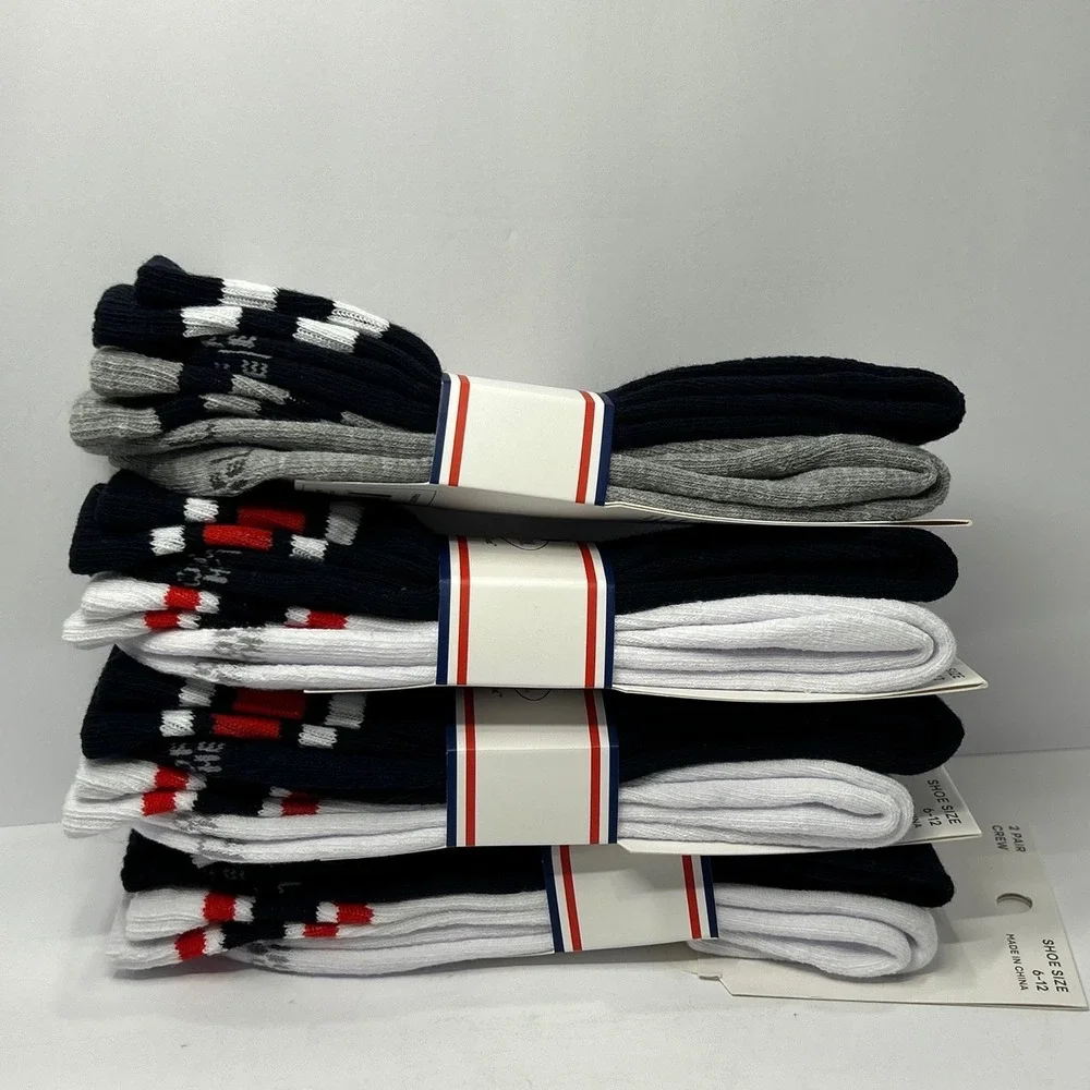 Fruit of the Loom 8 Pair Crew Socks Varsity Stripe Navy Red White Shoe Size 6-12